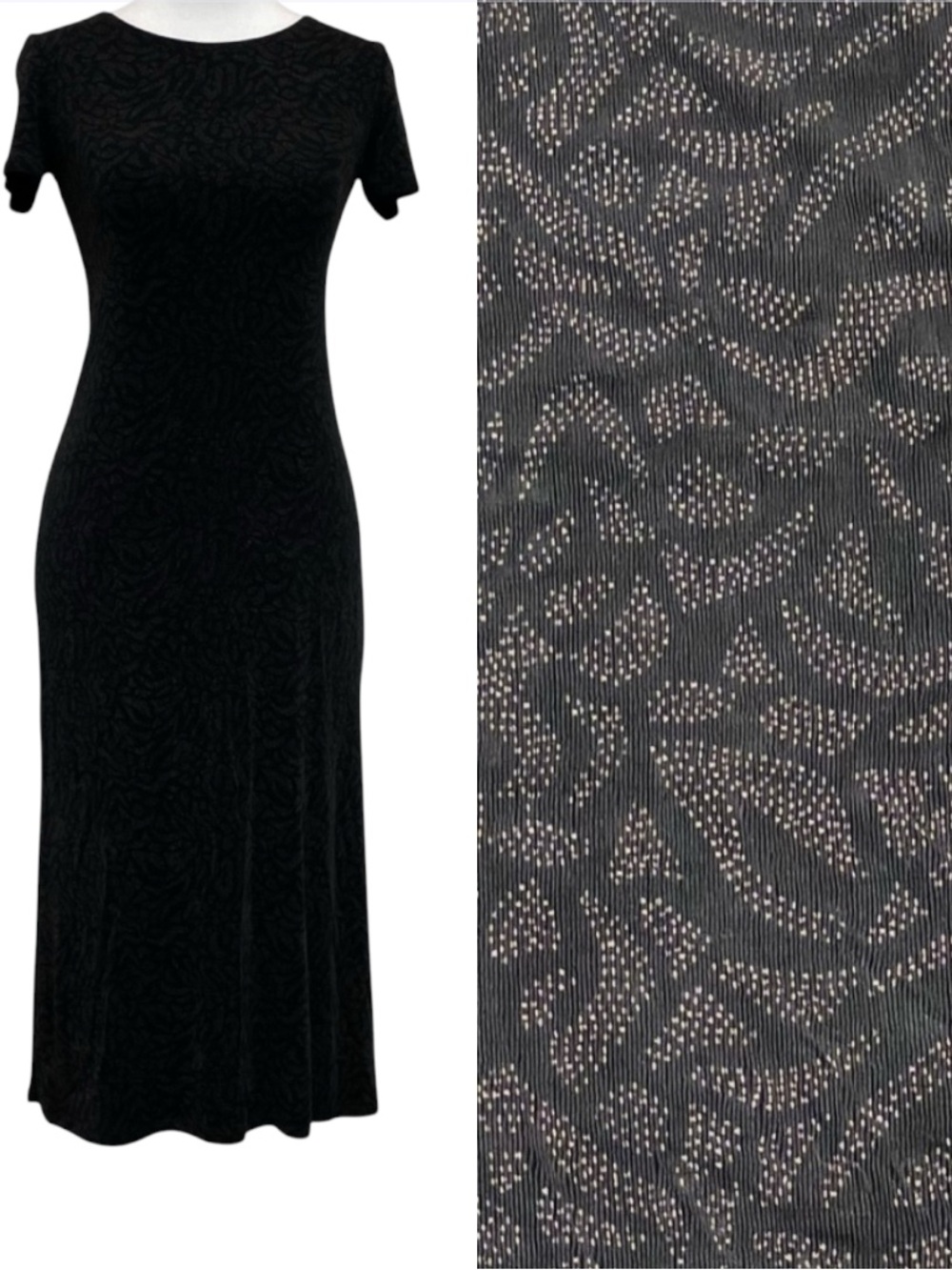 Carol Little Petite Dresses Vintage Black & Gold Printed Short Sleeve Midi Dress